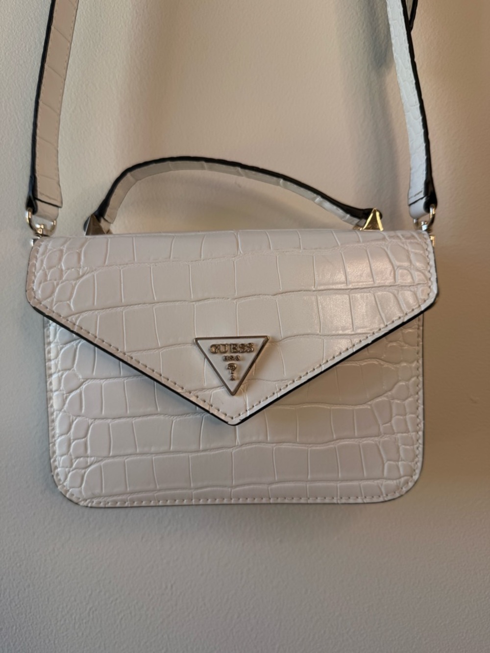 Guess White Croc-Embossed Mini Crossbody with Gold Logo